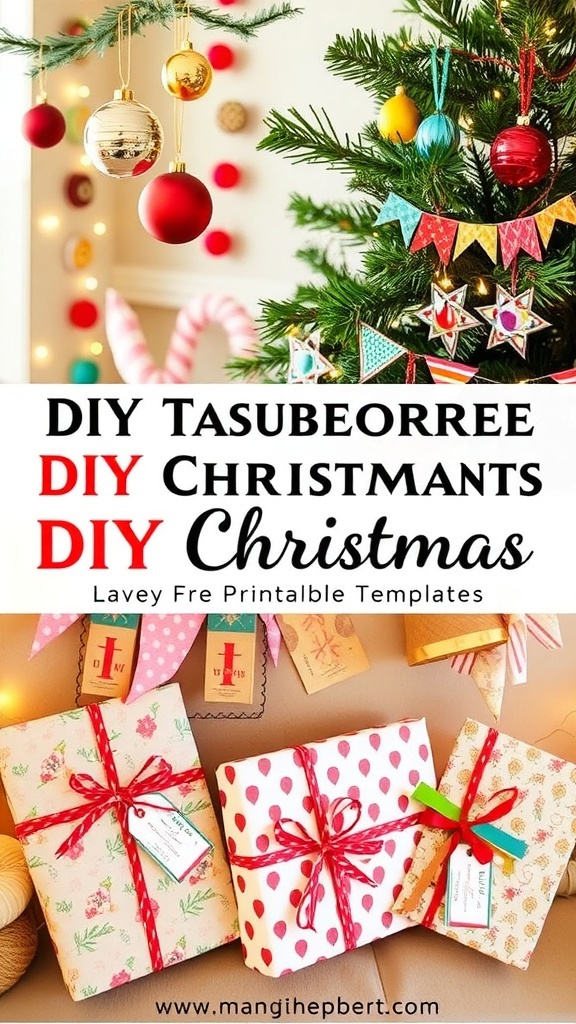 DIY Christmas decorations including ornaments, banners, and gift tags in a festive setting.